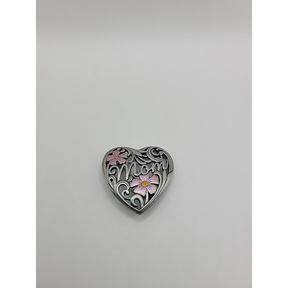 JJ Jonette Mom Heart Brooch Pink Flowers Silver Tone‎ Mother Gift Filigree Pin